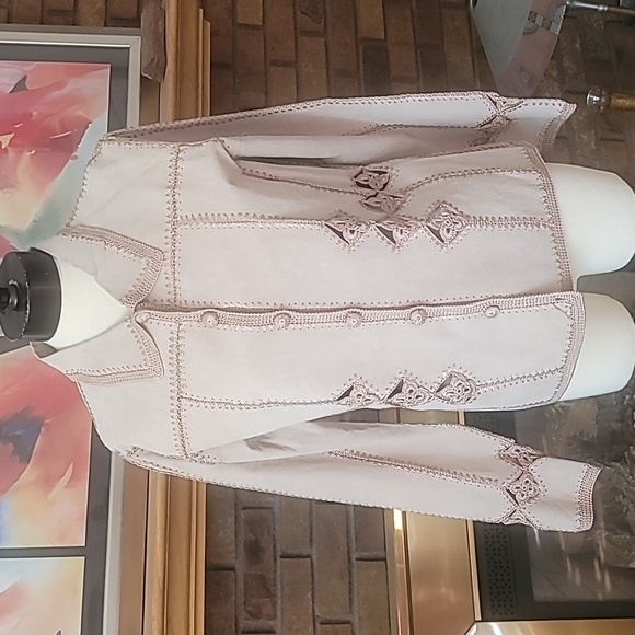 Suede crocheted panel cardigan or lightweight jacket tan beige cream - Picture 1 of 15